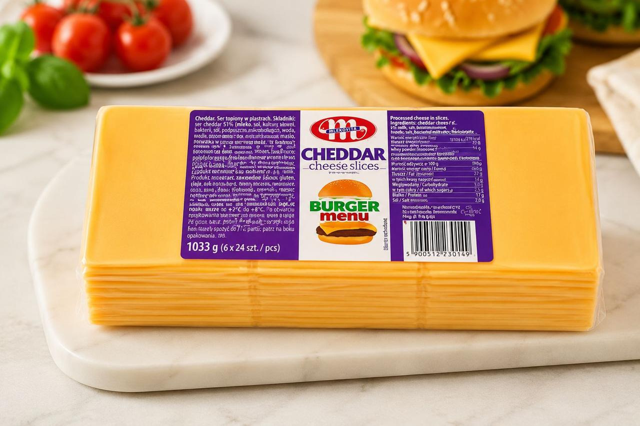 Сир тостовий слайси Mlekovita Cheddar Burger Menu Cheese food slices Чеддар Бургер меню ломтики 84шт 1033г