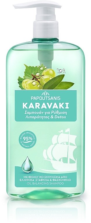 Шампунь з дозатором Papoutsanis Karavaki Oil Balancing&Detox Shampoo для жирного волосся виноград 600мл