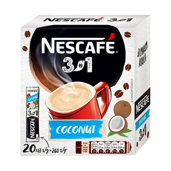 Напій кавовий Nescafe 3в1 Coconut зі смаком кокоса розчинний у стіках 20шт