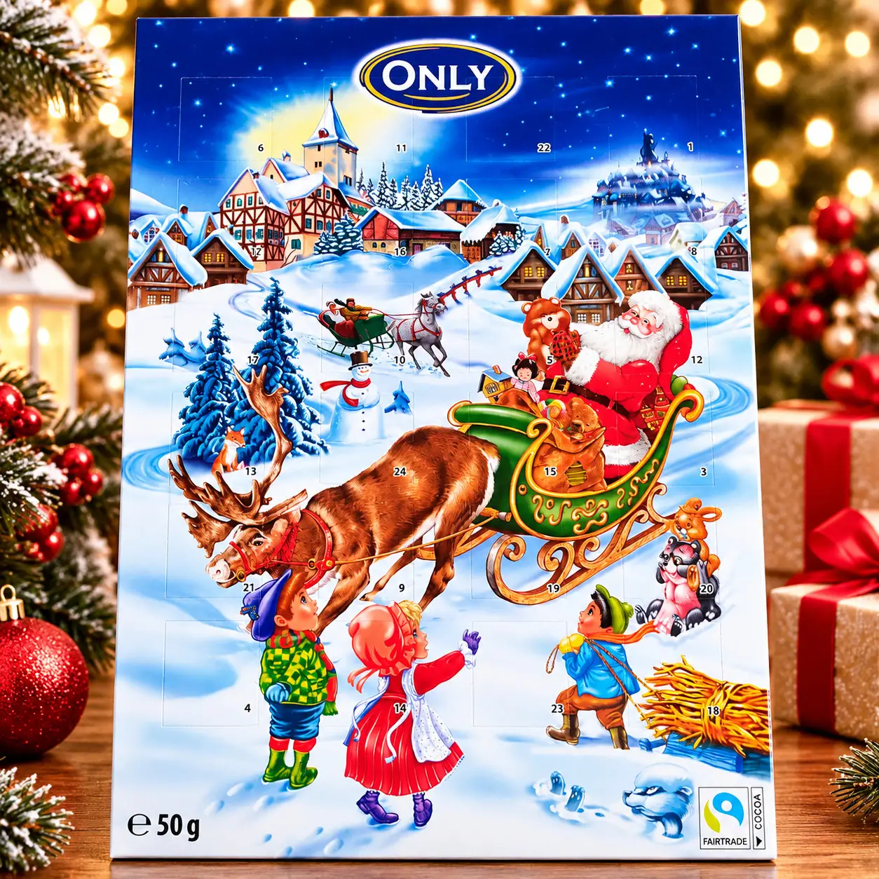 Адвент-Календар Цукерки ONLY Advent Calendar Онлі Новорічний Шоколадний Санта на Санчатах з Оленем 24 Віконця 50г