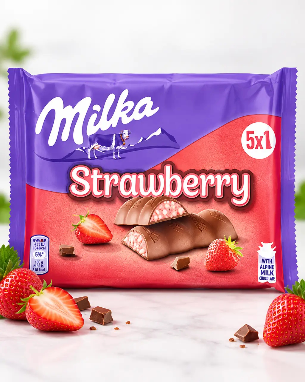 Батончики з молочного шоколаду Milka Strawberry Riegel з начинкою із полуничного та вершкового крему з злаками 5шт 182г