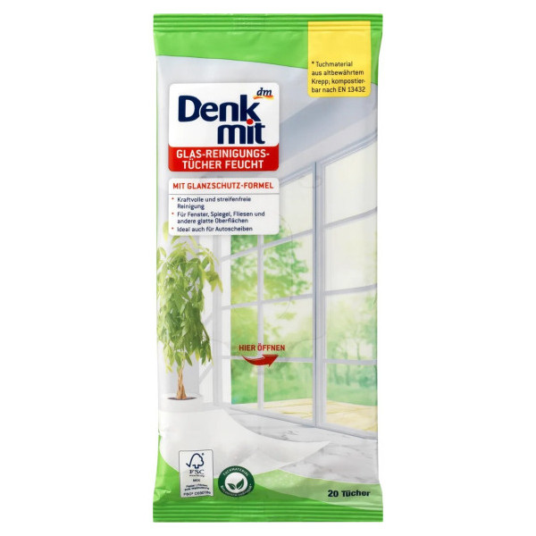 Серветки для прибирання Скляних поверхонь Denkmit Glas Reinigungs Tucher feucht ДенкМіт Вологі вікна та автомобілі 20шт