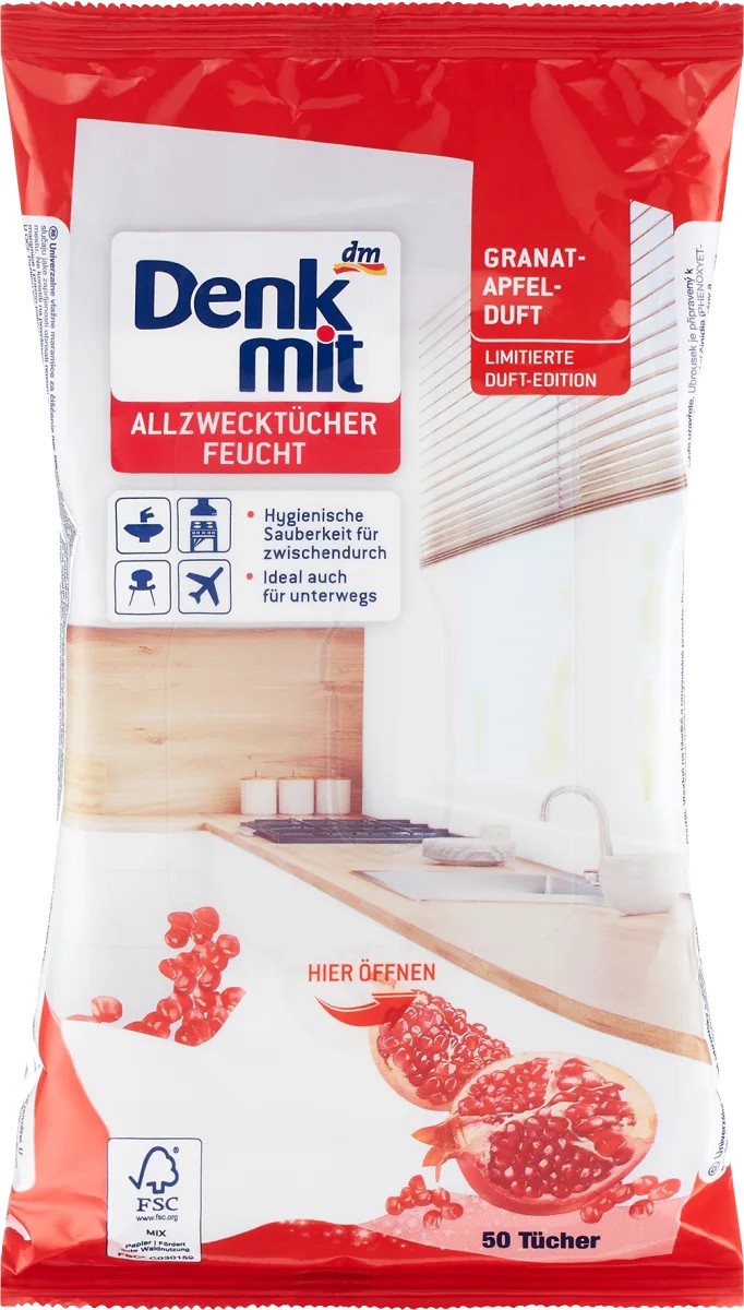 Серветки для прибирання Універсальні Denkmit Allzwecktucher Granat&Apfel ДенкМіт Вологі з ароматом Граната і Яблука 50шт