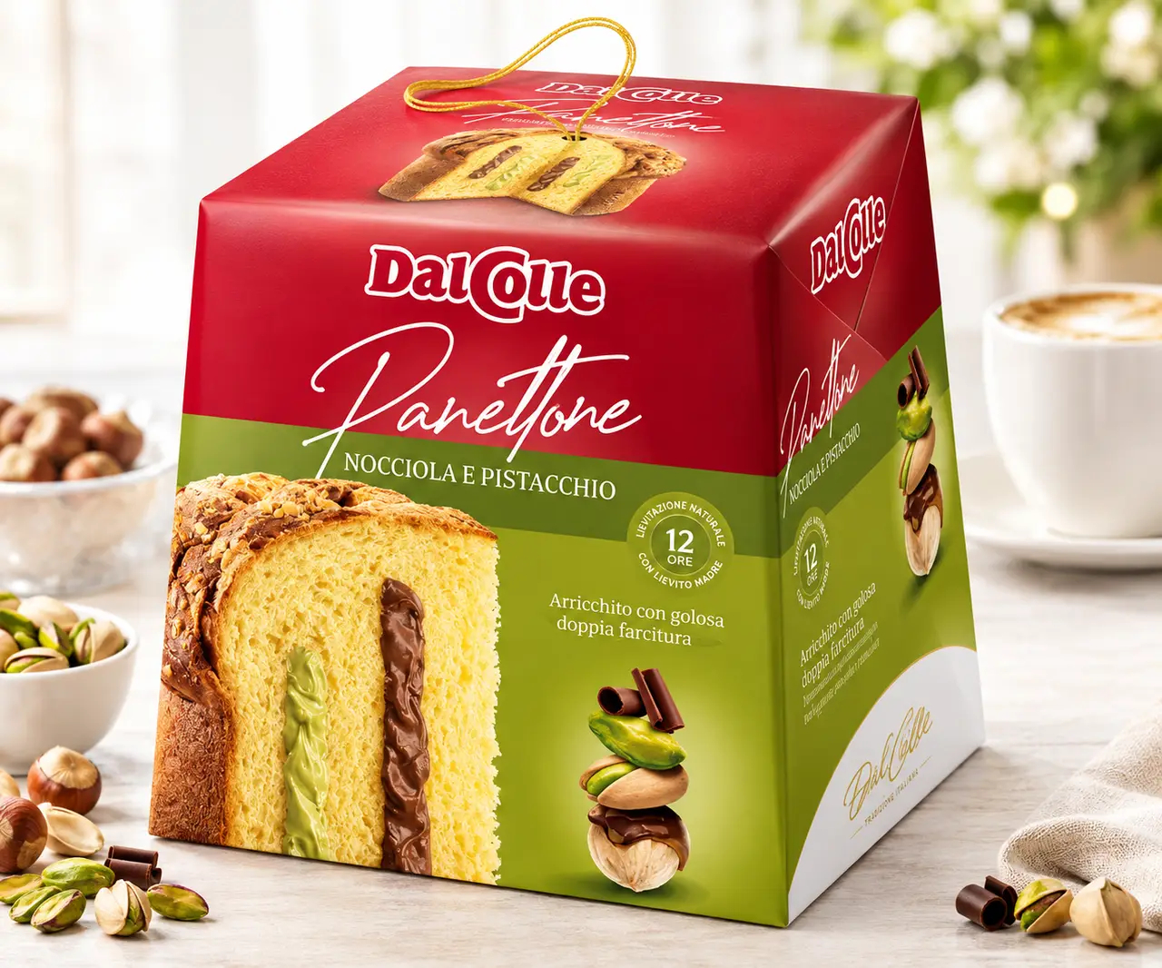 Панеттоне Dalcolle Panettone Cioccolato Nocciola Pistacchio Далколле Шоколадний фундук з фісташками Бокс з ручкою 750г
