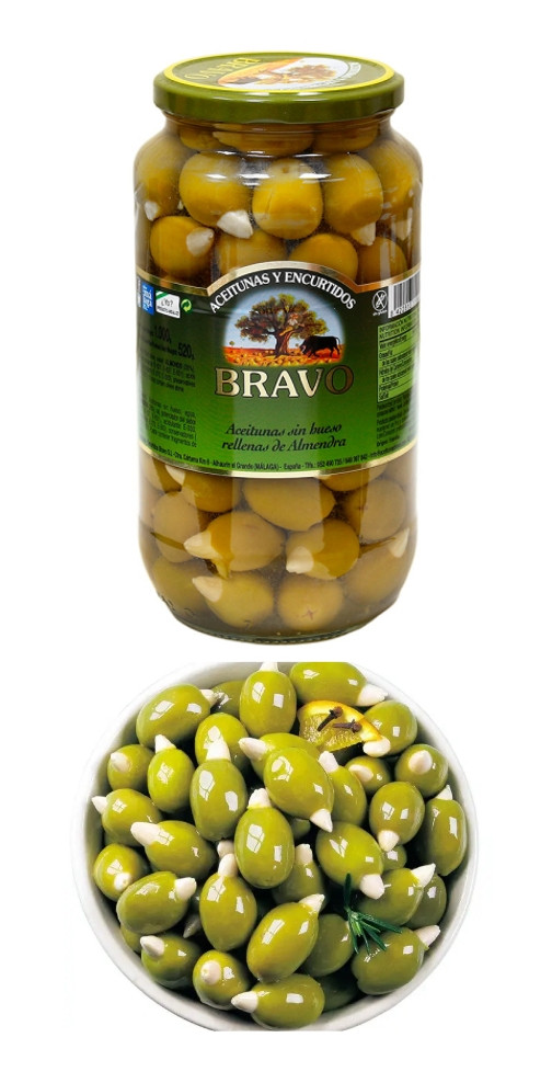 Оливки Мансанілья з мигдалем Bravo Encurtidos Aceitunas rellenas de Almendra Браво без кісточок фаршировані Банка 1000г