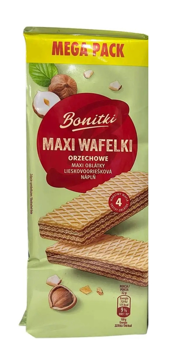 Вафлі солодкі Biedronka Bonitki Maxi Wafelki Mega Pack Orzechowe Боніткі з фундуком 10шт 450г