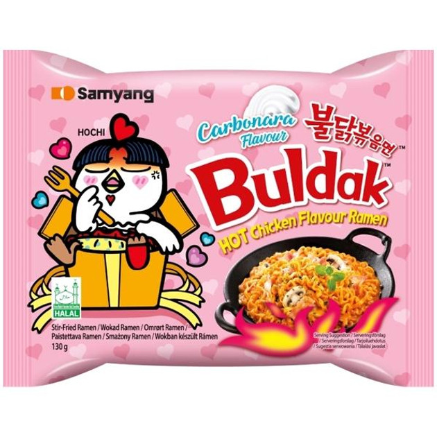 Локшина Рамен з пшеничної муки Samyang Buldak Carbonara Hot Chicken Ramen Булдак зі смаком Курки в соусі Карбонара Гостра 130г