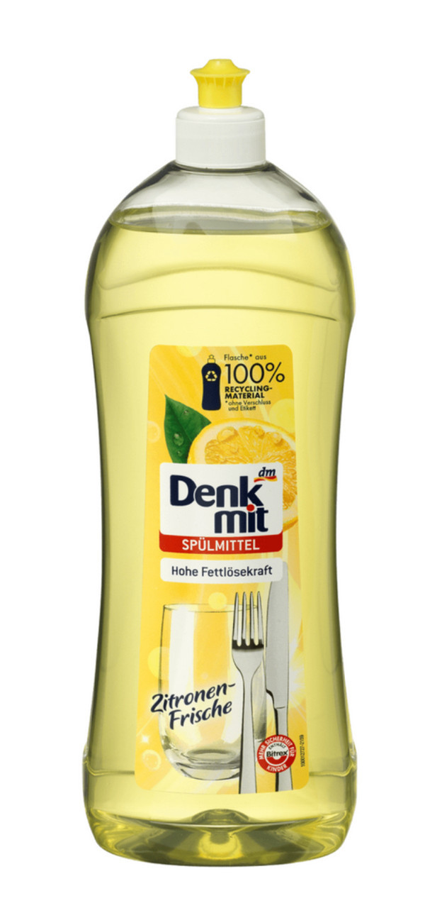 Гель для миття посуду Антижир Denkmit Spulmittel Zitronen-Frische Hohe Fettlosekraft Lemon Денкміт концентрований аромат Лимон 1л