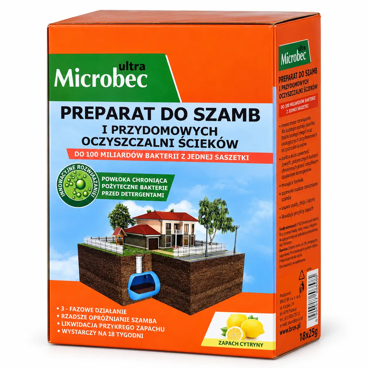 Біопрепарат Бактерії для Септиків і Вигрібних Ям BROS Microbec Ultra Брос Мікробек Ультра з Ароматом Лимона 18шт пакетики 450г