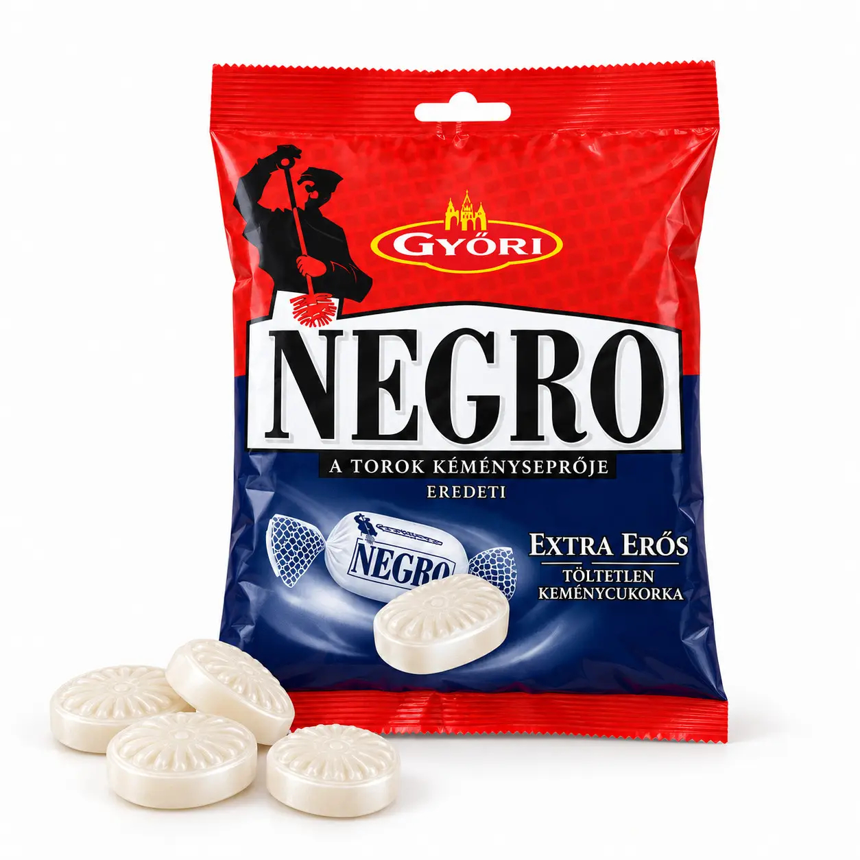 Цукерки Льодяники малі Gyori Negro Eredeti Extra Eros Дьорі Негро Мятні-Ментолові Екстра Сильні Смоктальні Без Начинки Пакет 79г