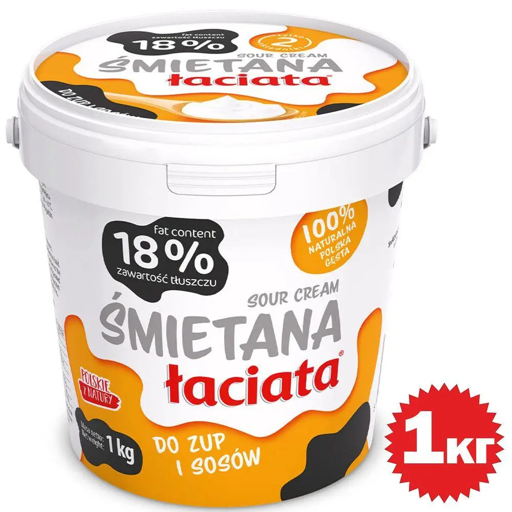 Сметана Кулінарна Łaciata Śmietana Sour Cream Лаціата 18% Жирності Густа для Супів Соусів та Страв Пластикове Відерце 1кг