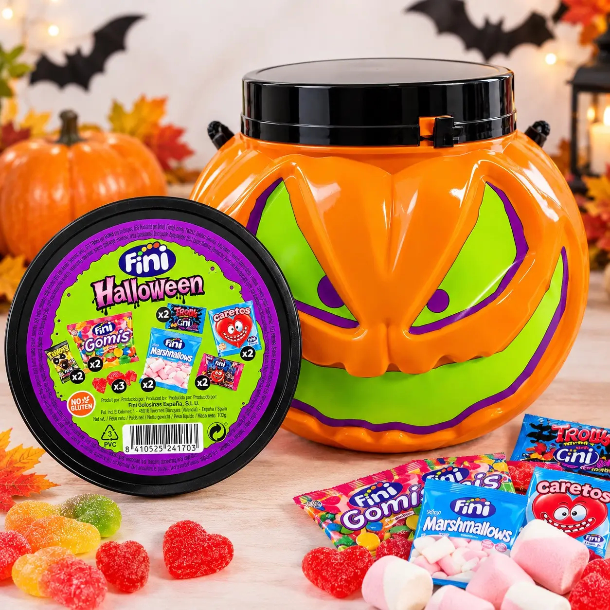 Цукерки Гарбуз на Хелоувін Мікс без глютену Fini Haloween MIX Pumpkin Фіні асорті міні-пакетики Пластик з ручкою 15шт 179г