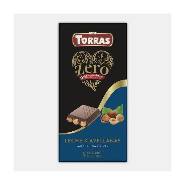 Шоколад Чорний без Глютену Torras Zero Leche&Avellanas Milk chocolate 34% Cacao Торас Зеро Молоко та Фундук Плитка 150г
