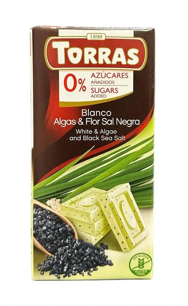 Шоколад Білий без Глютену Torras Blanco Algas&Flor Sal Negra Chocolate 0%Sugar Торас Водорості Чорна морська сіль Плитка 75г