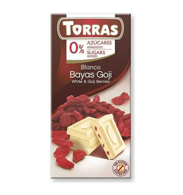 Шоколад Білий без Глютену Torras Blanco Bayas&Goji Berries Chocolate 0%Sugar Торас з ягодами Годжі Плитка 75г