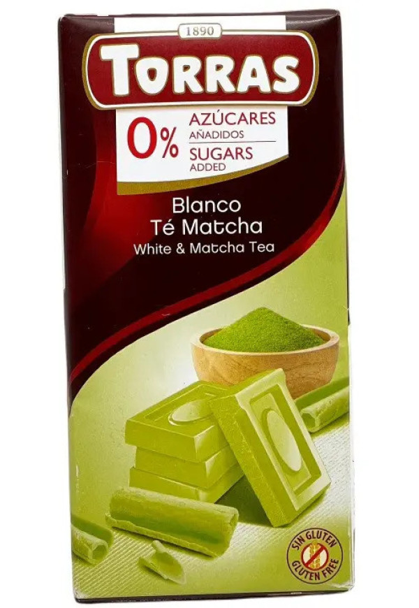 Шоколад Білий без Глютену Torras Blanco White&Te Matcha Tea Chocolate 0%Sugar Торас з Чаем Матча Плитка 75г