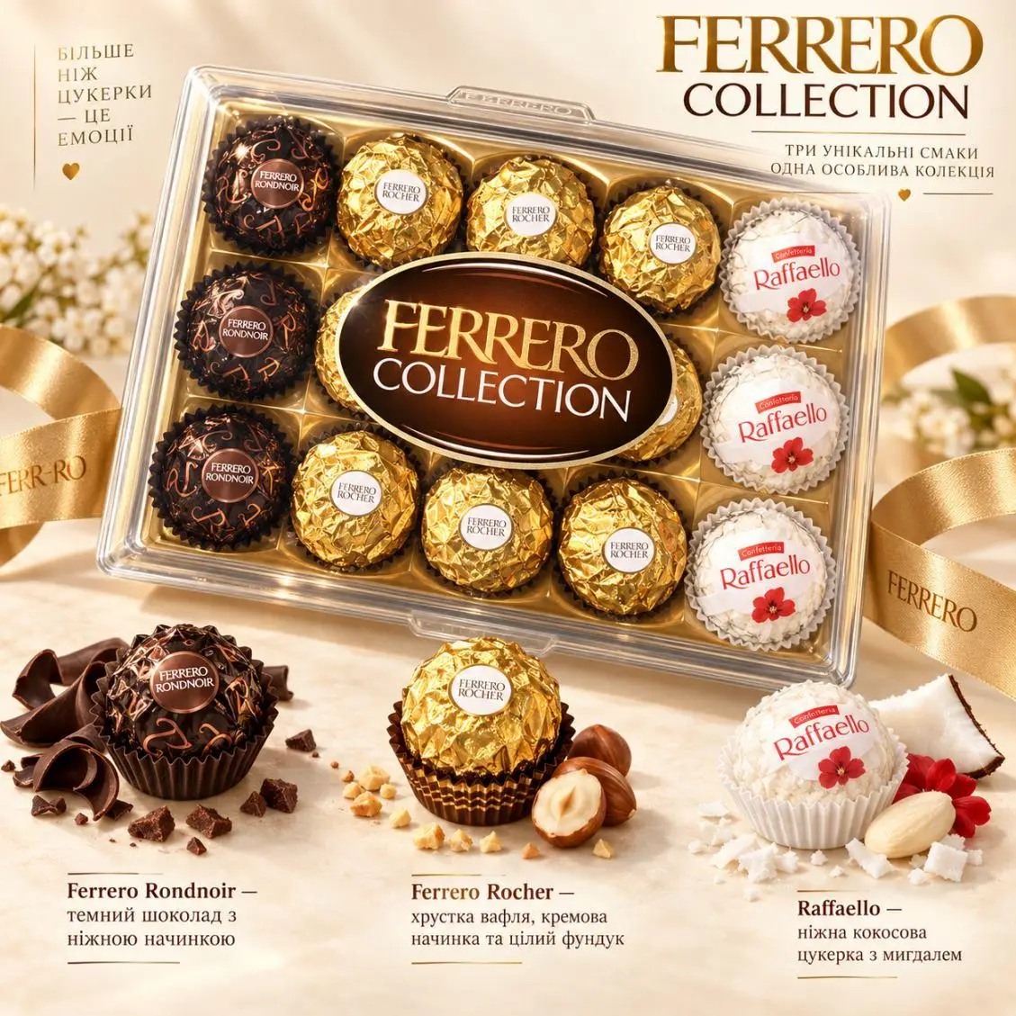 Набір шоколадних Цукерок Подарунок Ferrero Rocher Collection Фереро Роше Колекція 3види 15шт Бокс 172г
