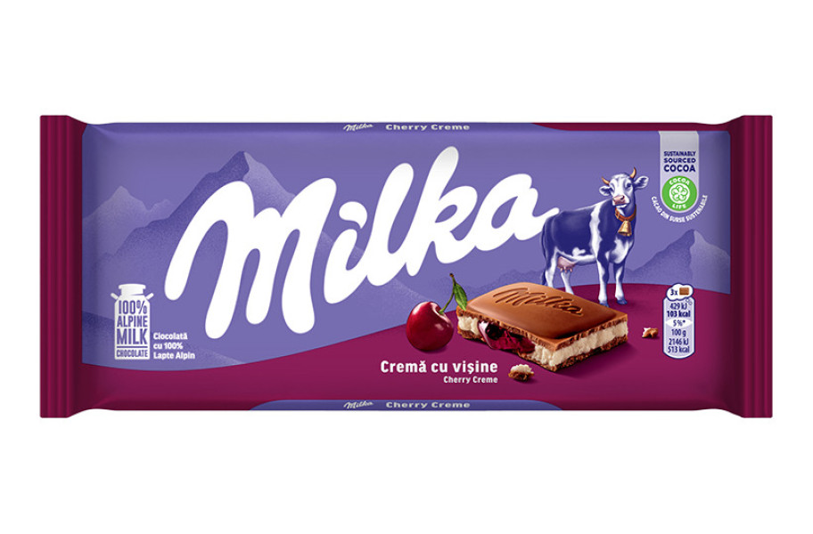 Шоколад плитка Milka Crema Cu Visine Cherry Creme Chocolate Мілка молочний з кремом Черешня 100г