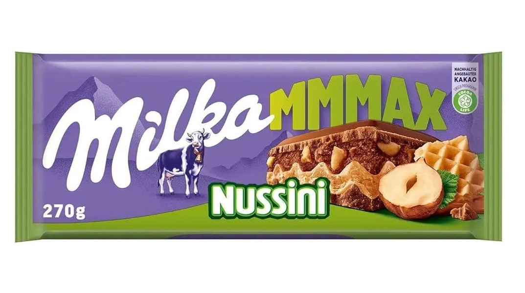 Шоколад молочний плитка Milka MMMAX Nussini Wafles Мілка Нуссіні з цільними Лісовими горіхами та вафлями 270г
