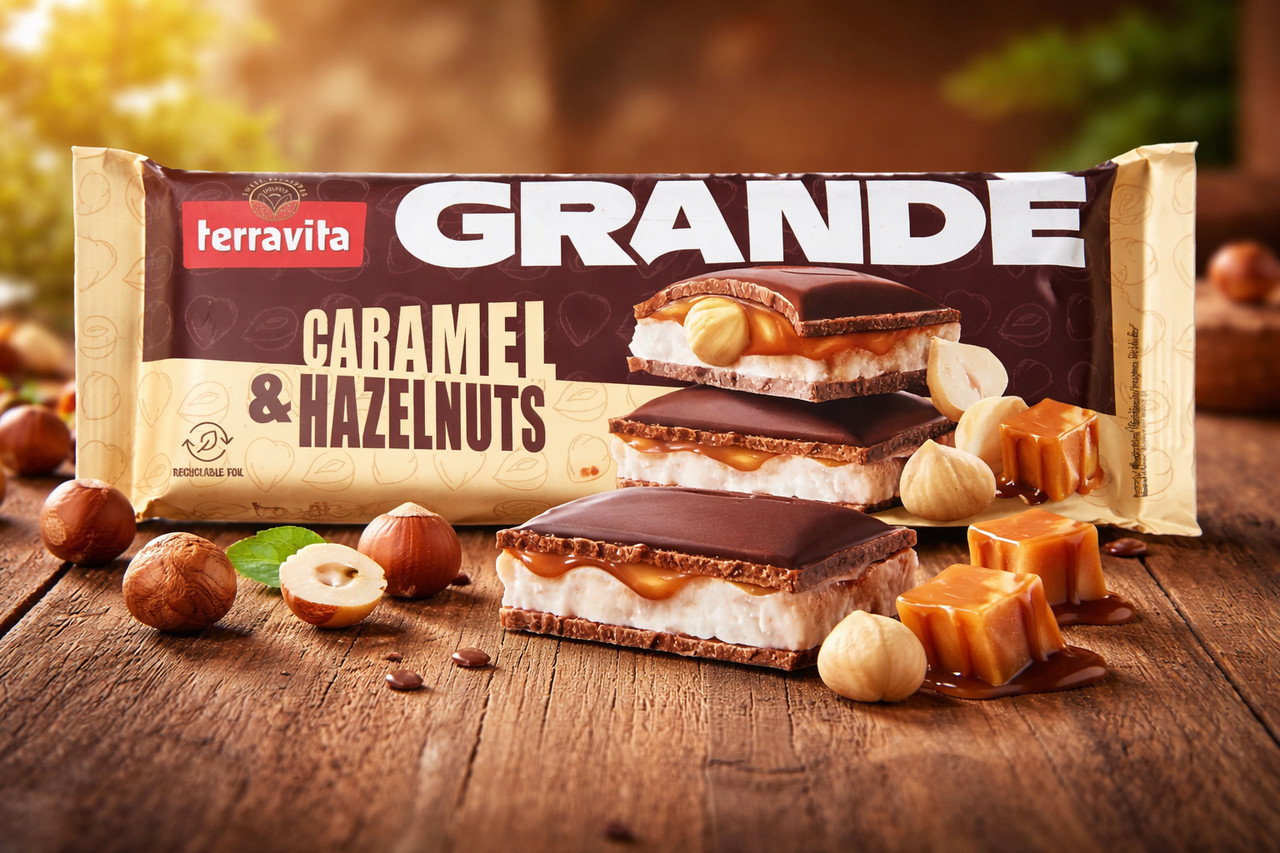 Шоколад сендвіч Terravita Grande Caramel&Hazelnuts Теравіта Гранде молочний плитка Карамель та цілісний Фундук 235г
