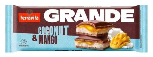 Шоколад сендвіч Terravita Grande Coconut&Mango Cake Теравіта молочний плитка джем з Манго та кокосова стружка Гранде Велика 235г