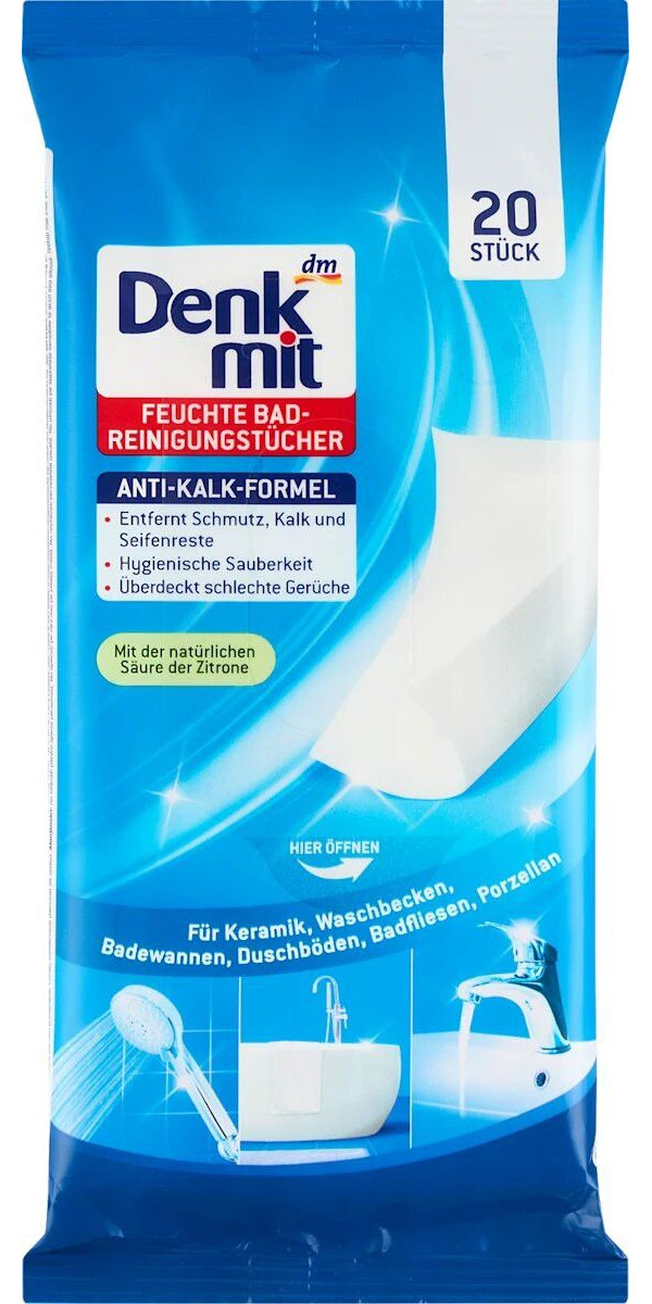 Серветки Вологі для Кераміки АнтиКальк Denkmit feuchte bad Reinigungstücher Anti-Kalk formel Денкміт від вапняного нальоту 20шт