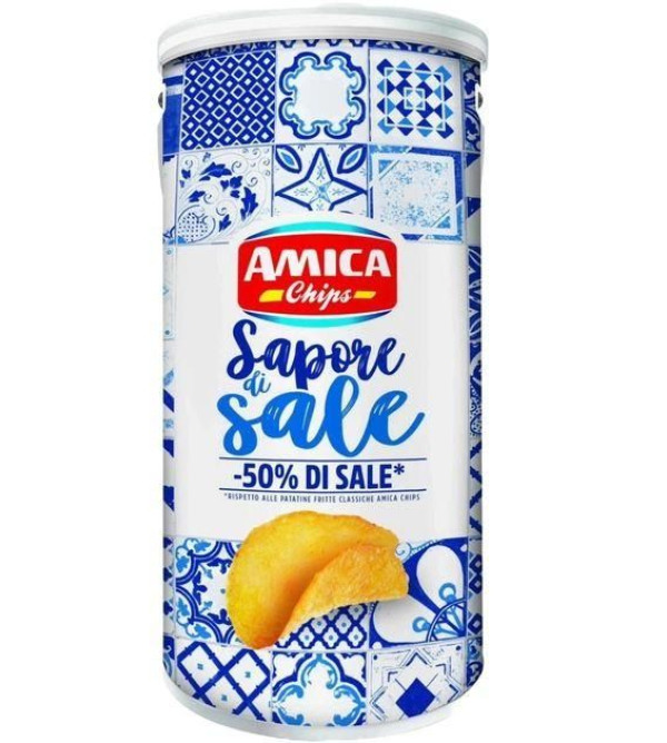 Картопляні Чіпси Amica Chips Sapore di Sale Chips Аміка золотисті з Сіллю мега бокс Тубус з кришкою 325г