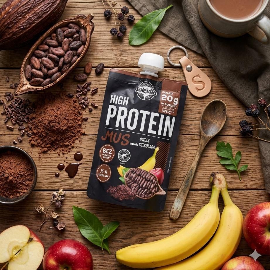 Мус Протеїновий без цукру Solevita High Protein Mus Owoce szekolada Солевіта Енергетичне пюре Білок 20г смак Шоколад Фрукти 180г