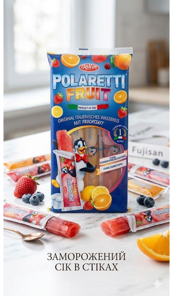 Морозиво льодяники Фруктовий сік Dolfin Polaretti Fruit Ice Lollies Fruit Juice Долфін палички для Замороження 4смаки 10шт 400г