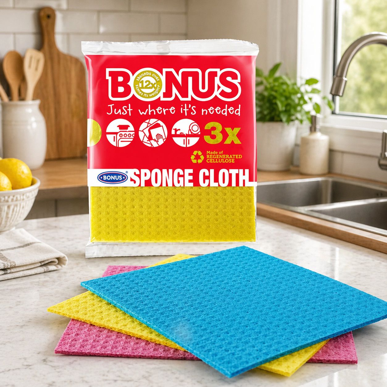 Ганчірка-губка для вологого прибирання Кухні Bonus Sponge Cloth 3x Бонус целюлозно-бавовняні Різнобарвні без аромату Пакет 3шт
