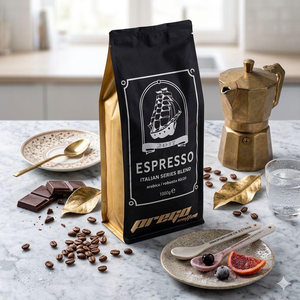 Кава в зернах Prego Espresso Coffee Italian Series Blend Arabica-Robusta Прего Міцний еспресо бленд Італія Арабіка Робуста 1000г