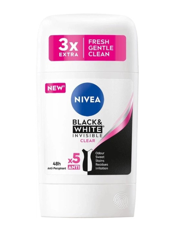Антиперспірант Стік Nivea Black&White Invisible Clear 48h Antipersipant 3x Extra Fresh Gentle Нівеа Біле-Чорне Невидимий 50мл