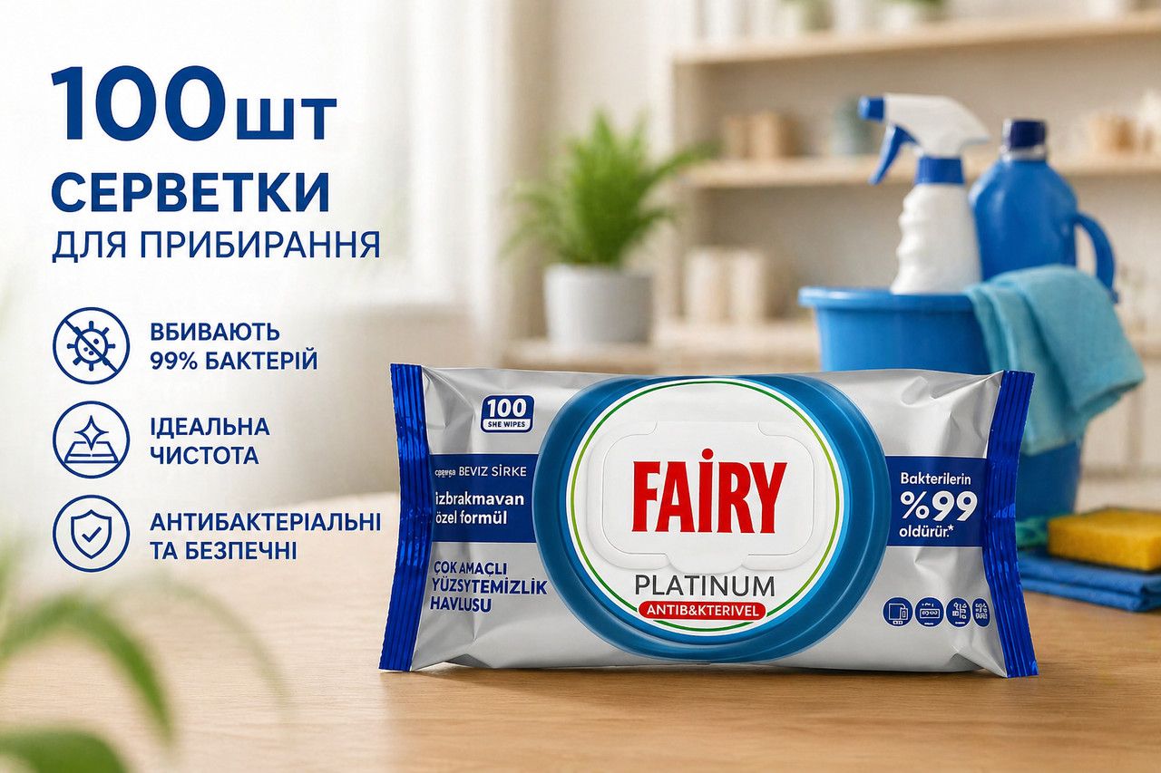 Вологі серветки для прибирання Антибактеріальні Fairy Platimun Antibacterial Фейрі Платінум з Білим оцтом пакет з Клапаном 100шт