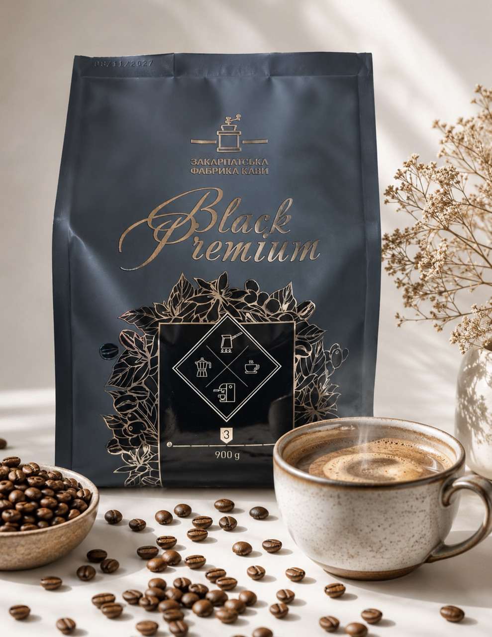 Кава в зернах ZFC Black Premium Whole Beans 100% Arabica Закарпатська фабрика кави блек Преміум арабіка 900г