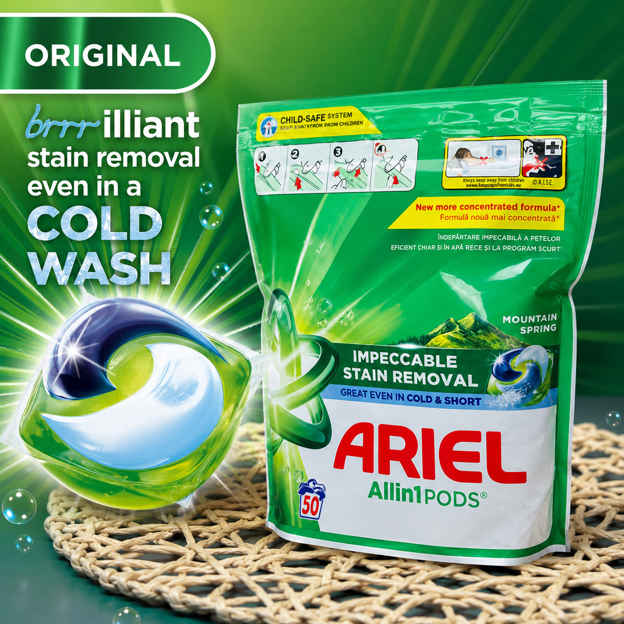 Капсули для прання 4в1 Універсал Ariel Pods All-in-1 Impeccable Stain removal Montain Spring Арієль Бездоганне видалення плям 50шт