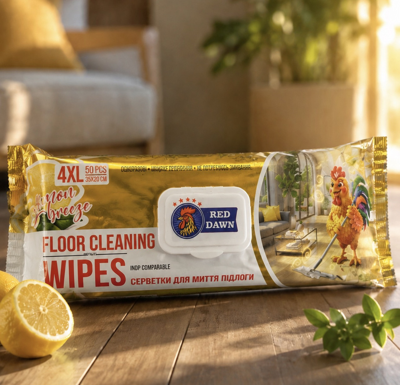 Серветки для прибирання Підлоги Моп систем Red Dawn Floor Cleaning MOP Wipes 4XL INDP comparable Ред Давн Лимон 50шт
