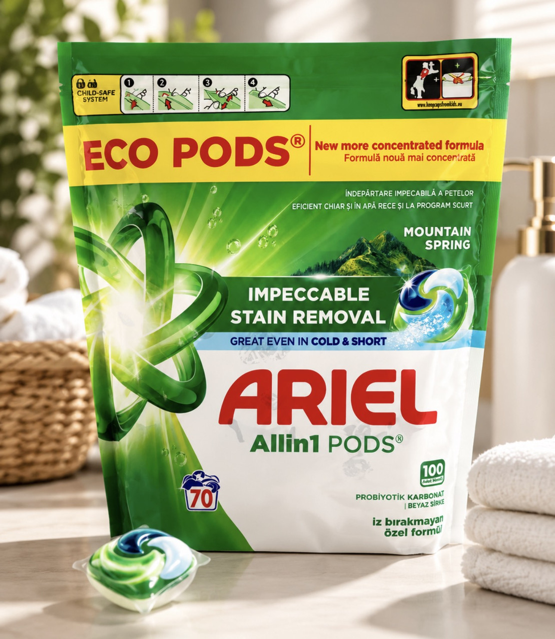 Капсули для прання Універсальні Ariel Eco Pods All-in-1 Stain Removal Mountain Spring Арієль Швидкорозчинні Виведення плям 70шт