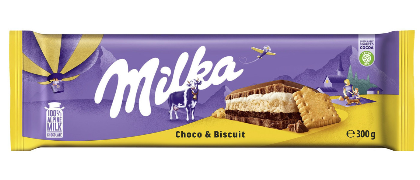 Шоколад плитка сендвіч Milka Choco & Biscuit Alpine Milk Chocolate Мілка Молочний Шоколад з бісвітним печивом 300г