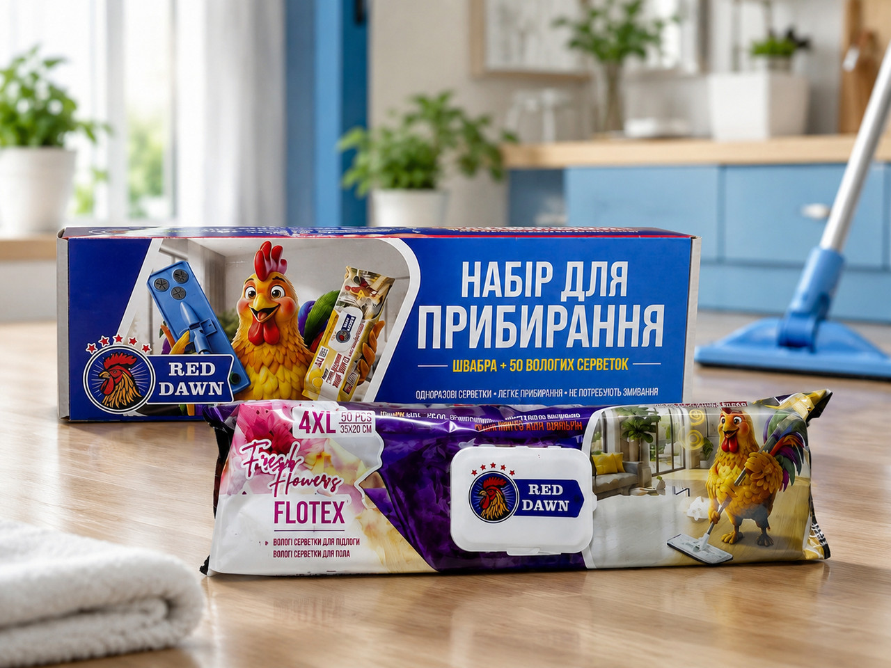 Набір для прибирання Підлоги Швабра MOP-система плюс 4XL Серветки-запаски Red Dawn MOP Surface Cleaning Kit РедДавн 50шт+1шт