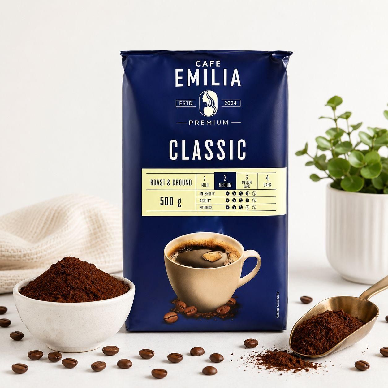 Кава мелена Café Emilia Classic Premium ground Coffee Arabica Robusta Кафе Емілія купаж Арабіки та робусти Середня обжарка 500г