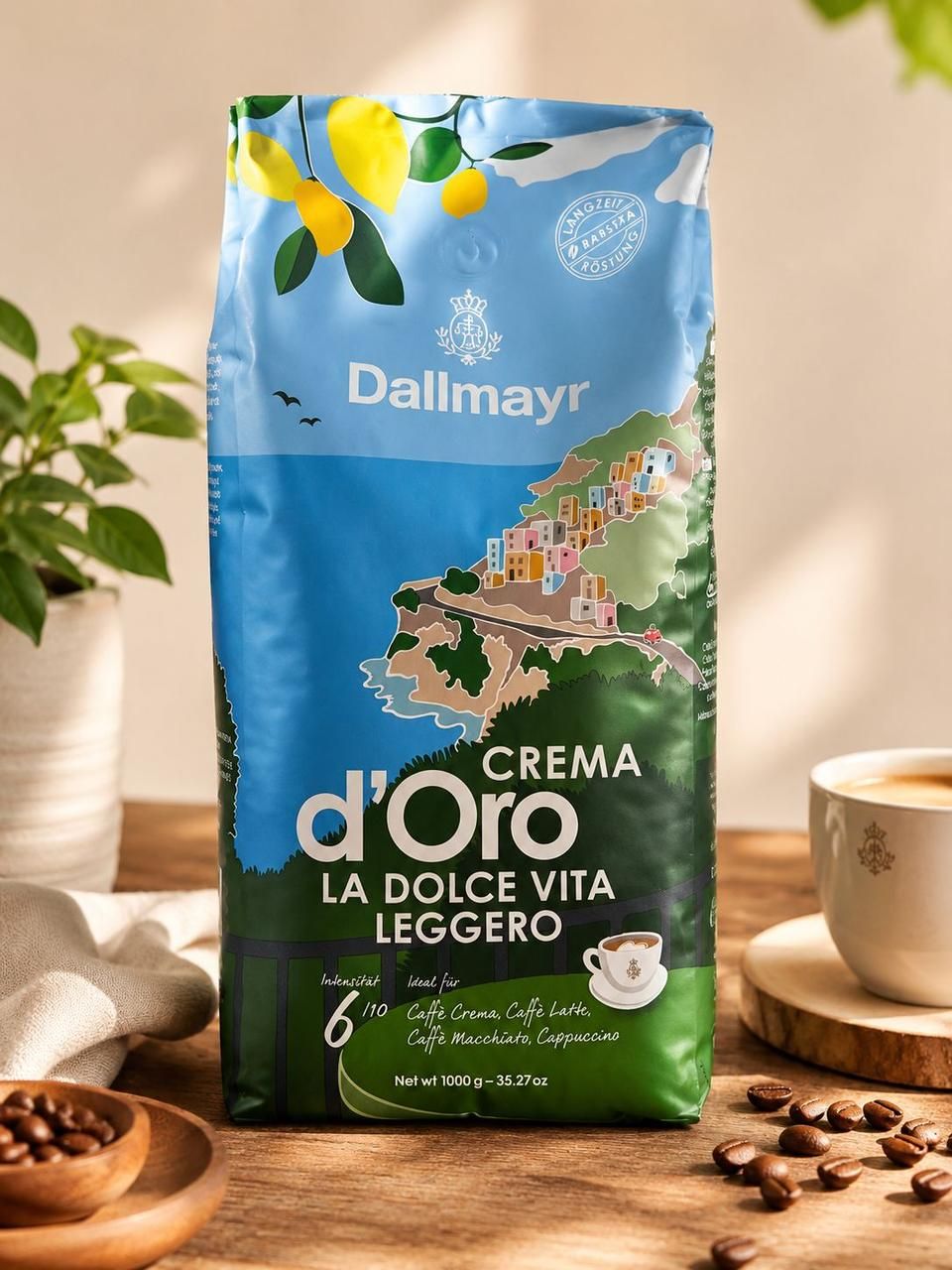 Кава в зернах Dallmayr Crema d'Oro La Dolce Vita Leggero 6strong Делмайер Солодке життя Легка Крема Купаж Арабіки Пакет 1000г