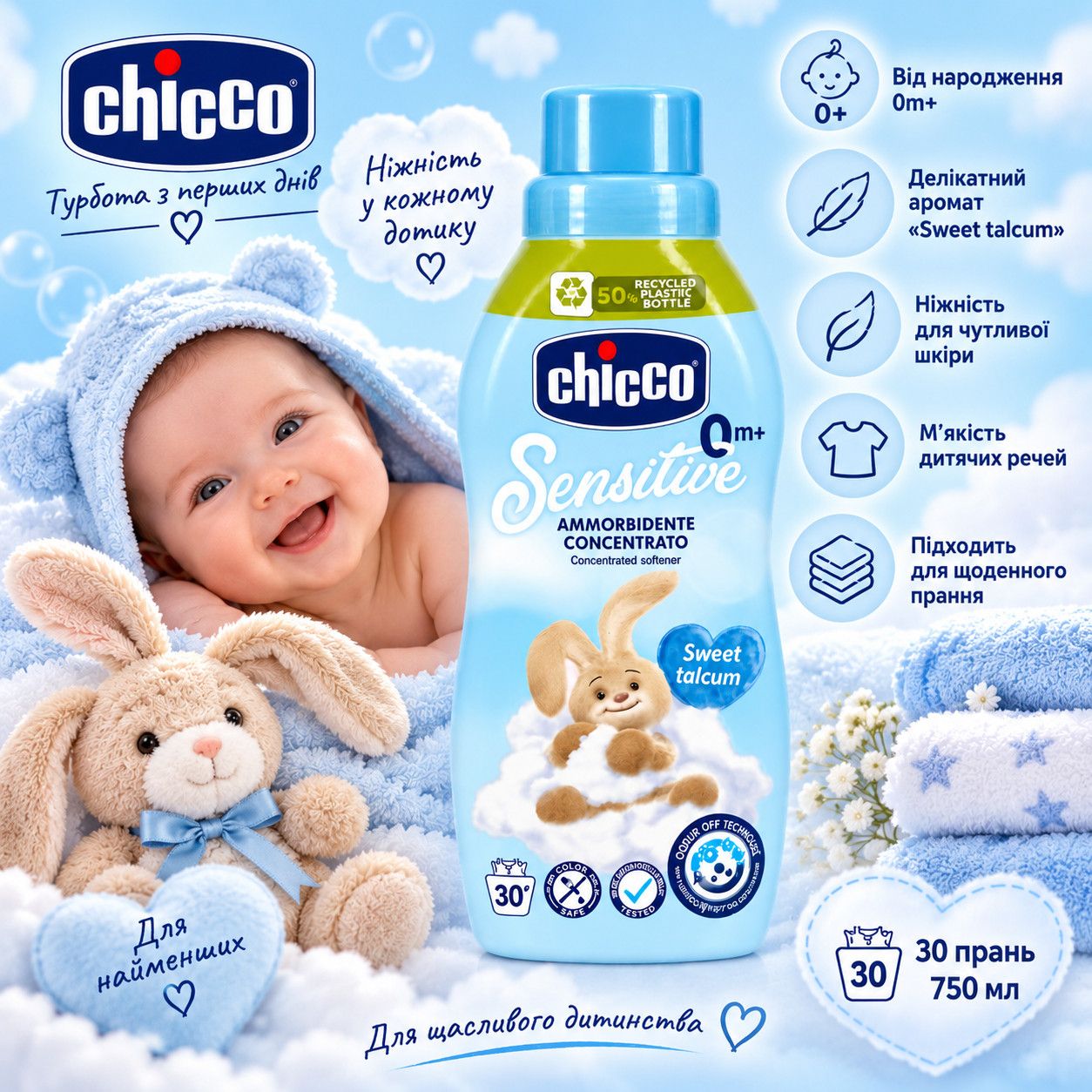 Ополіскувач Дитячий від 0 років CHICCO Sensitive ammorbidente concentrato Sweet talcum 0m+ Чікко без Аромату Тальк 30прань 750мл