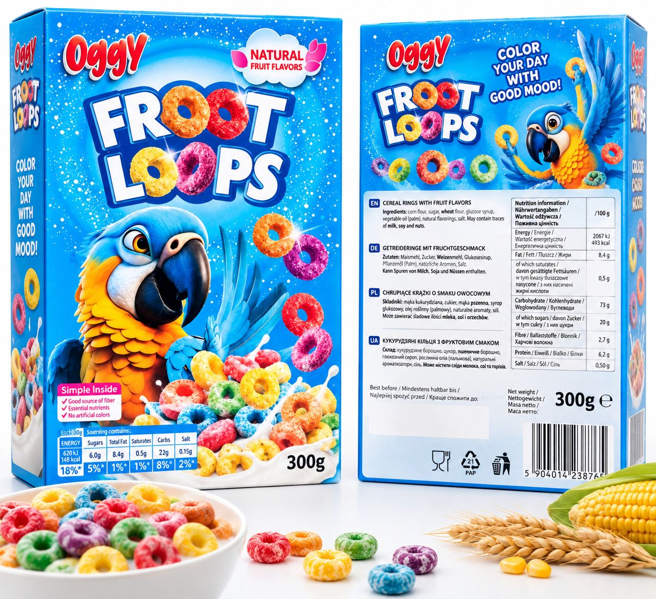 Сухий сніданок кукурудзяні Кільця з фруктовими смаками Oggy Froot Loops Natural Fruits Оггі різнокольорові Коробка 300г