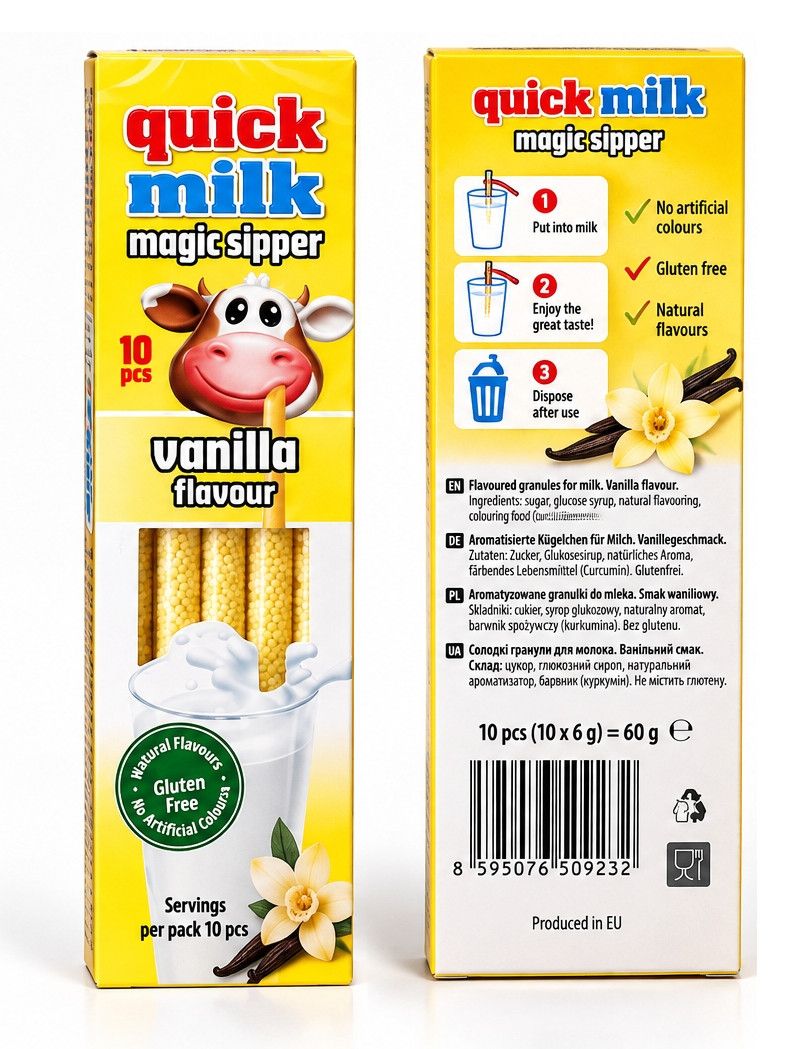 Трубочки для молока Гранули Без глютену Felfoldi Quick Milk Magic Sipper Vanilla Фелфолді смак Ванільний 10шт Коробка 60г