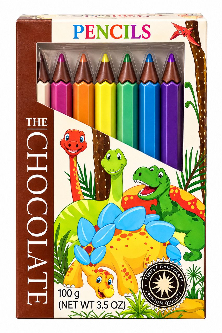Олівці Шоколадні різнокольорові TheChocolate Pencils Belgium Gift Box Dino Бельгійський шоколад Молочний 7 Кольорів Динозаври 100г