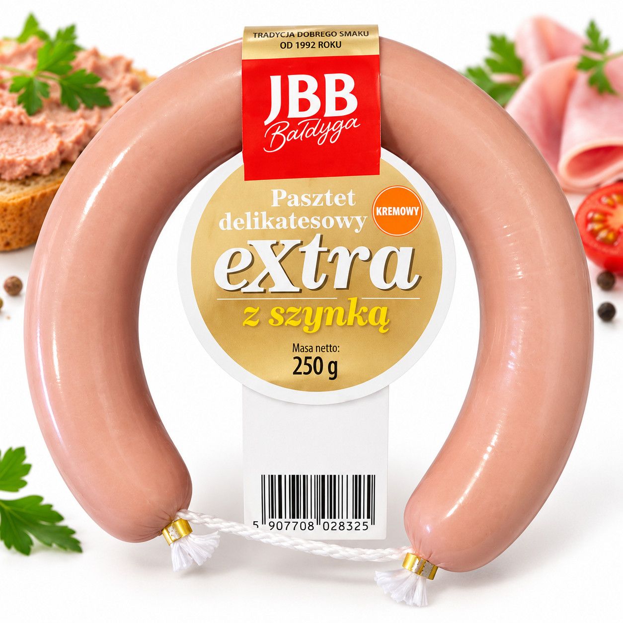 Паштет Делікатесний Екстра з шинкою JBB Bałdyga Pasztet delikatesowy Extra z szynką Kremowy Джбб Балдига Кремовий Кільце 250г