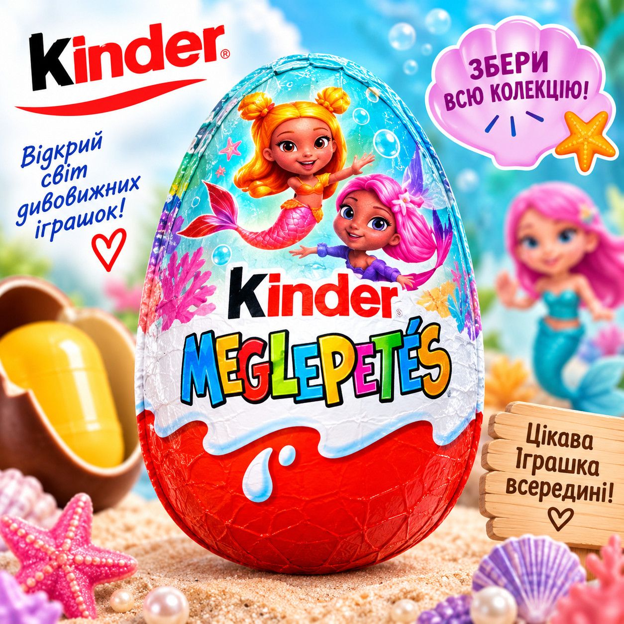 Яйце шоколадне Кіндер-сюрприз з іграшкою Kinder Meglepetés Surprise Series Mermaids Кіндер Русалоньки для Дівчаток 20г