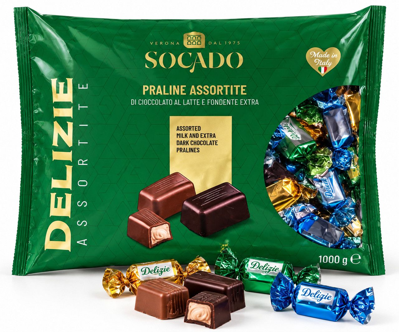 Цукерки шоколадні Socado Delizie Assortite Praline Assortite Сокадо Деліція Асорті Праліне молочний та чорний Шоколад Пакет 1кг