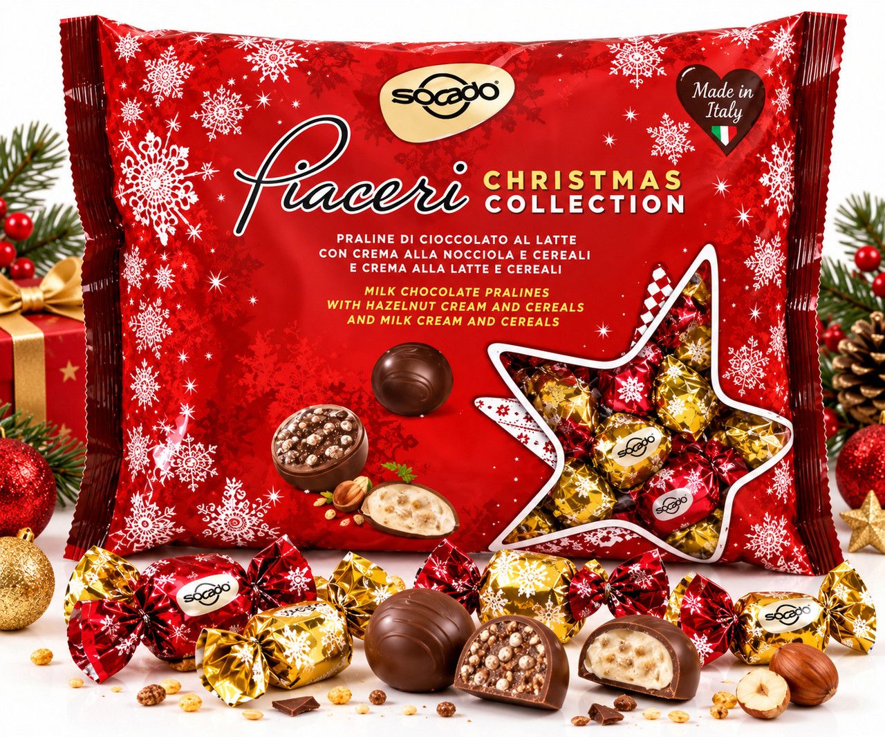 Цукерки шоколадні Socado Piaceri Christmas Collection Сокадо Піачері Різдвяна Колекція Асорті праліне кремові начинки Пакет 1кг