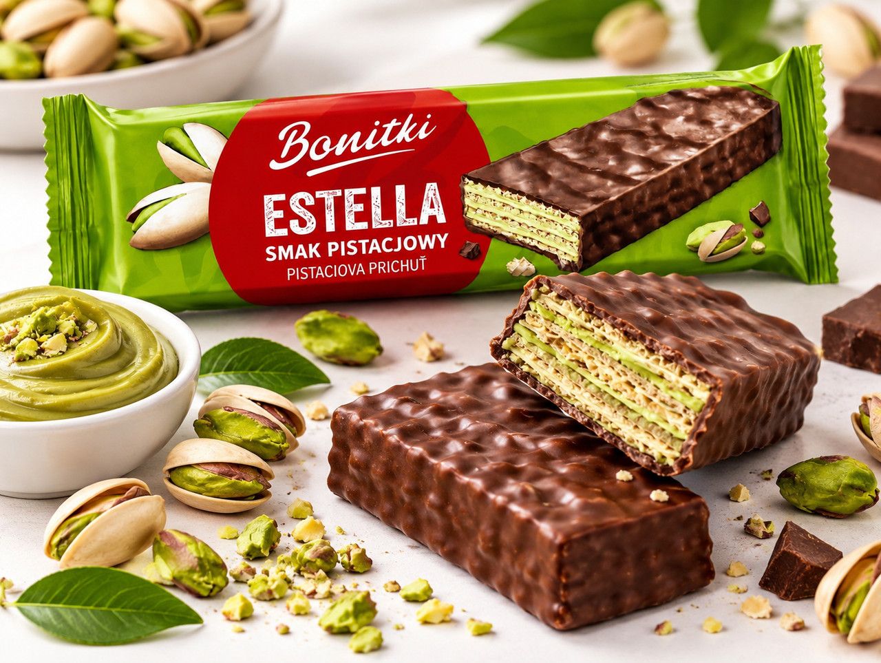 Вафля фісташкова Bonitki Estella Smak Pistacjowy Боніткі Естелла з фісташковим смаком у шоколадній глазурі Бар 50 г